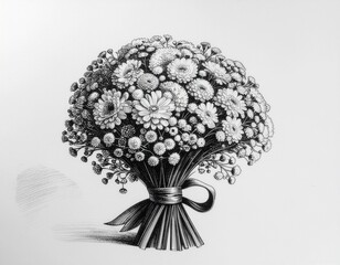 Elegant Bouquet of Flowers: An exquisite black and white drawing showcases a delicate and ornate floral bouquet, radiating elegance and artistry, with a tied ribbon