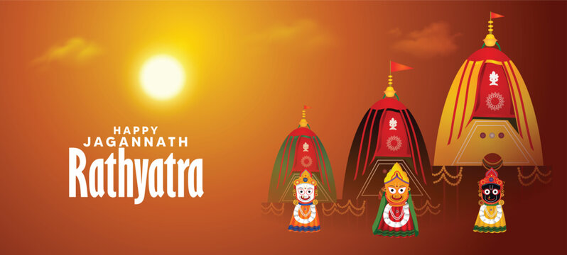 Happy Jagannath Rath yatra Indian God with Temple vector poster