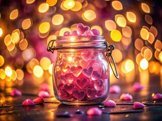 Glowing Pink Heart Crystals in Glass Jar - Love & Romance Stock Photo