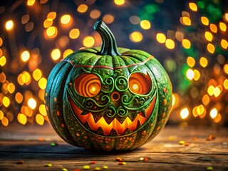 Glowing Neon Jack-o'-Lantern Halloween Decoration, High Depth of Field Stock Photo