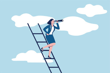 Woman leadership, new diversity world directed by lady leader concept, confidence executive businesswoman company or country leader standing on ladder of success using telescope for future vision.