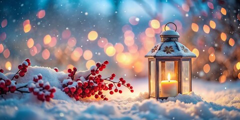 Glowing Lantern in Snowy Scene with Red Berries and Bokeh Lights - Winter Wonderland Stock Photo