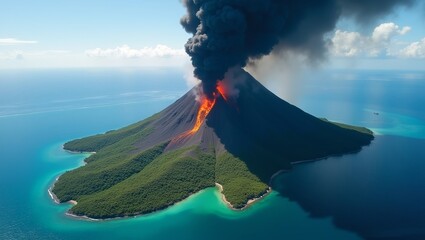a massive volcano erupting on a lush tropical island surrounded by blue ocean