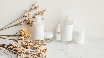 Elegant assortment of skincare products on marble with dried flowers