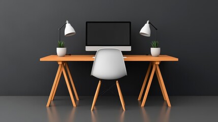 Modern Minimalist Home Office Workspace with Wooden Desk and White Chair
