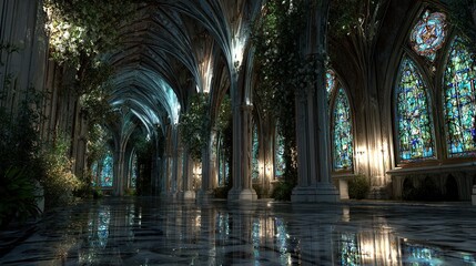 Enchanted Gothic Cathedral Stained Glass and Nature's Embrace