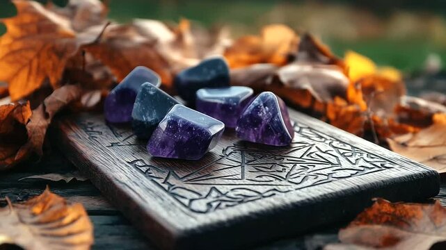 A mysterious composition of amethyst rune stones placed carefully on an engraved wooden board, surrounded by rich autumn foliage, symbolizing the magic of the season.