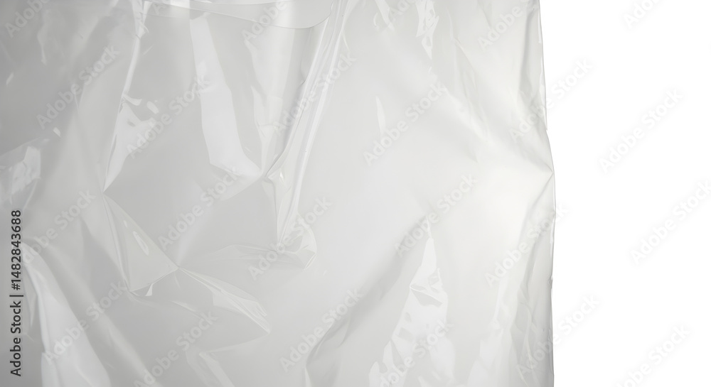 Poster crumpled translucent plastic sheet on white background for abstract texture and design projects