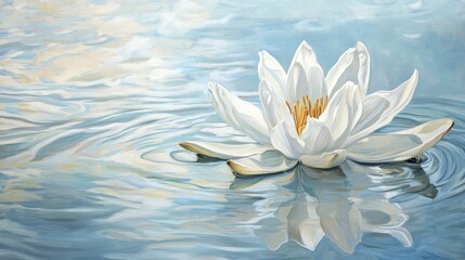 Serene, white water lily, floating on still, light-blue water.