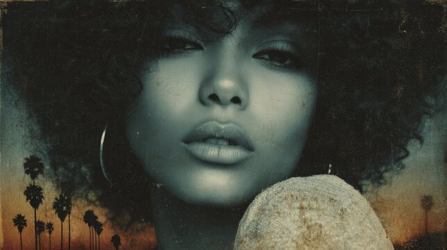 Dreamlike abstract collage portrait of a beautiful African-American woman in 1978 Los Angeles with surreal solarized light, faded palm trees, gritty textures, soulful vintage mood