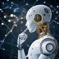 Fototapeta premium Advanced robotic figure in thought, intricate details