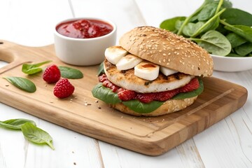 Grilled Chicken Sandwich with Mozzarella, Spinach, and Raspberry Sauce on Wooden Board