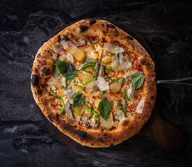 pizza on a wooden table
