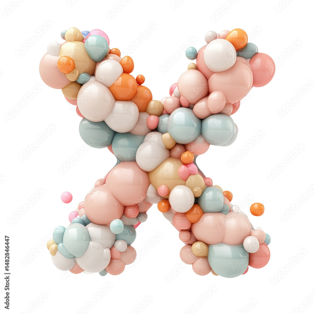 Poster abstract 3d colorful bubble cluster forming the shape of a letter k with soft pastel tones and gloss
