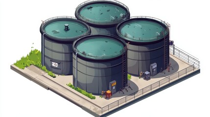 Storage tank clipart, oil depot element, isometric vector art, grey and green, isolated on white background.