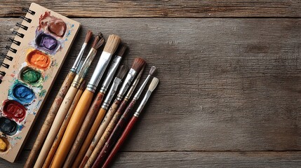 Artist's workspace featuring a palette of vibrant colors and an array of paintbrushes on a wooden table