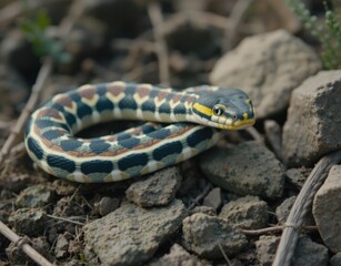 Obraz premium A colorful snake with distinctive patterns is coiled on rocky ground outdoors, blending with its natural habitat.