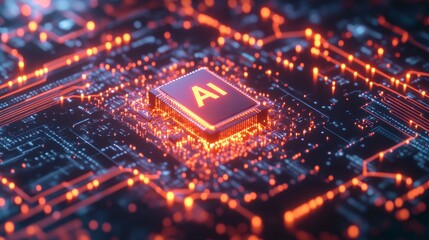 Artificial Intelligence Chip on Circuit Board with Glowing Lights