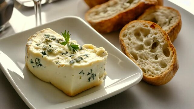 Gourmet cheese and bread on elegant table setting with rustic charm