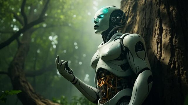 Futuristic humanoid robot stands amidst dense forest, glowing blue eyes piercing shadows
