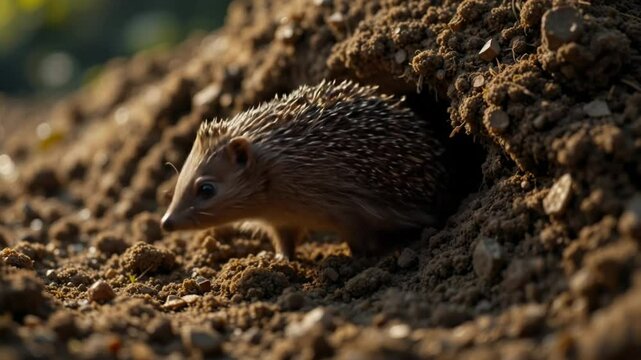 Hedgehog Emerging from Burrow in Sunlight