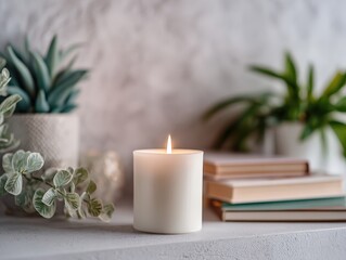 Serene Candlelight Scene with Plants and Books