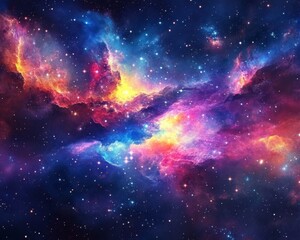 Vibrant Cosmic Nebula in Deep Space with Colorful Stardust and Galaxies