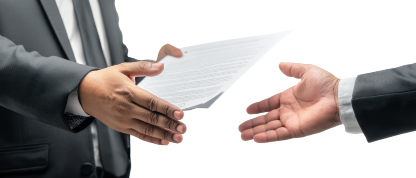 Handing over a document in a professional exchange.
