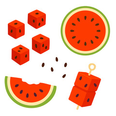 Set of whole watermelons with round and square shapes, and one sliced open