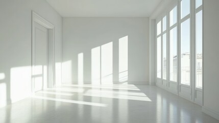 Fototapeta premium Sunlit Minimalist Room: A Study in Light and Space, Featuring a Bright White Interior, Large Windows, and Clean Lines.