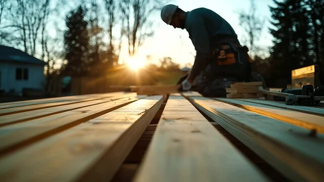 A time-lapse-inspired scene of wooden beams being secured into place, showcasing the step-by-step progress of deck building and craftsmanship.