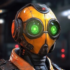 Close-up of a futuristic robot head, featuring a yellow helmet with glowing green eyes and technical details.  The robot's head appears worn and slightly damaged, hinting at a history of use