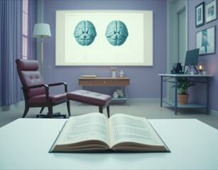 A modern office with an open book, brain diagrams on a screen, and a comfortable chair, suggesting a neuroscience or psychology workspace.