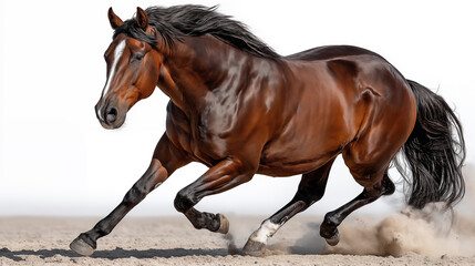 Bay stallion gallops in the sand on a white background.