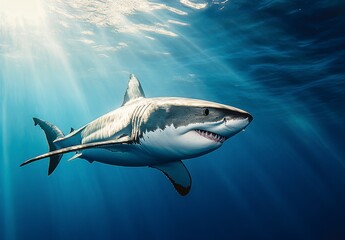 Fototapeta premium Majestic Great White Shark Swimming Gracefully Underwater