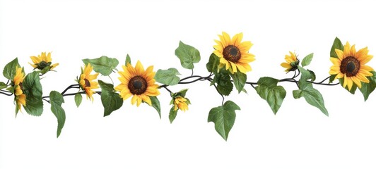 Obraz premium Vibrant Sunflower Garland with Green Leaves on White Background