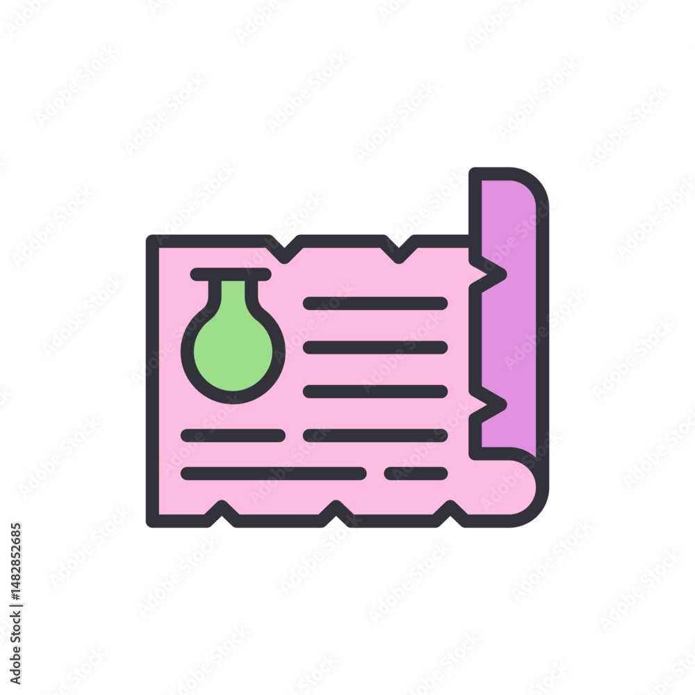 Poster abstract illustration of ancient scientific scroll with flask icon