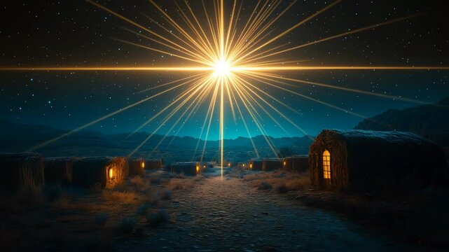 
Bright Star of Bethlehem shining over the countryside at night for Christmas cards