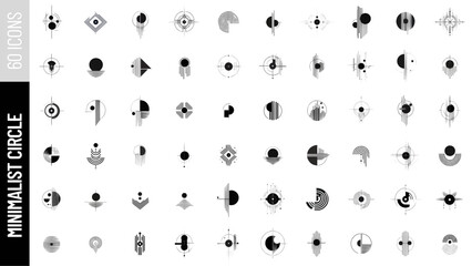 Set of 60 Minimalist Circle icons in black linear style on white background. Vector illustration.