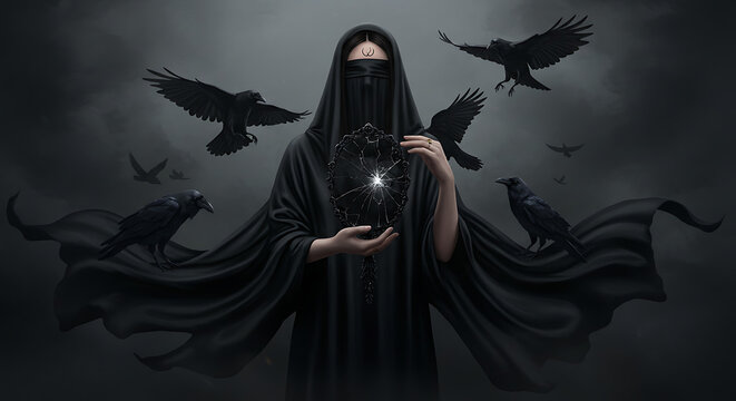 Um or&aacute;culo cego velado em seda negra, cercado por corvos, suas m&atilde;os segurando um espelho de obsidiana rachado, fundo esfuma&ccedil;ado, sombras profundas e tons acinzentados