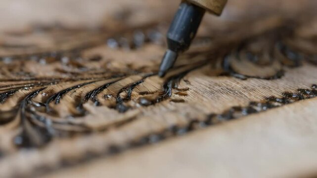 Close-up of wood burning art tool etching intricate, decorative floral pattern onto a wooden board with a detailed surface.