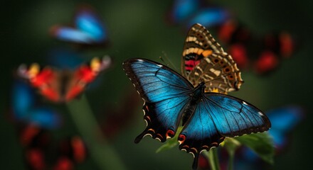Vibrant Blue Morpho Butterfly Close Up with Other Butterflies in Soft Focus Background