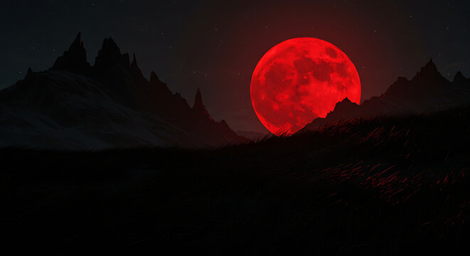 Uma lua vermelho-sangue surgindo atr&aacute;s de montanhas irregulares, o vento curvando a grama preta nas colinas, nenhuma estrela no c&eacute;u, atmosfera fria e opressiva