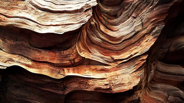 Detailed view of curved and layered rock strata in warm earthy tones, showing erosion and age in a natural geological cliff face rich in texture and form.