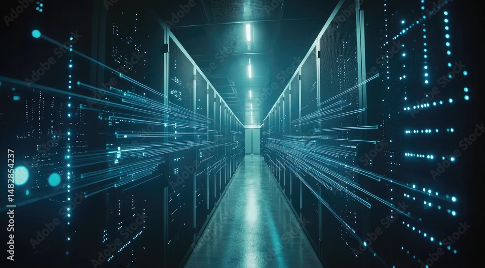Poster dim corridor with bright blue light reflections inside a modern server room, emphasizing digital sec