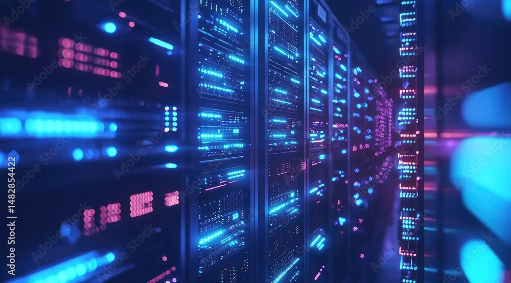 Poster symmetrical view into a glowing blue server hallway in a data center with intense lighting, perfect 