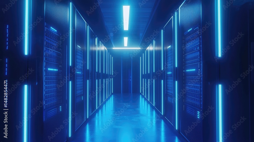 Poster modern data corridor with glowing blue lighting across sleek server racks, ideal for showcasing adva