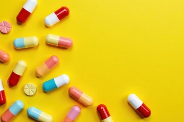 Colorful pills and capsules arranged on yellow background Flat lay, top view , top view, studio, design