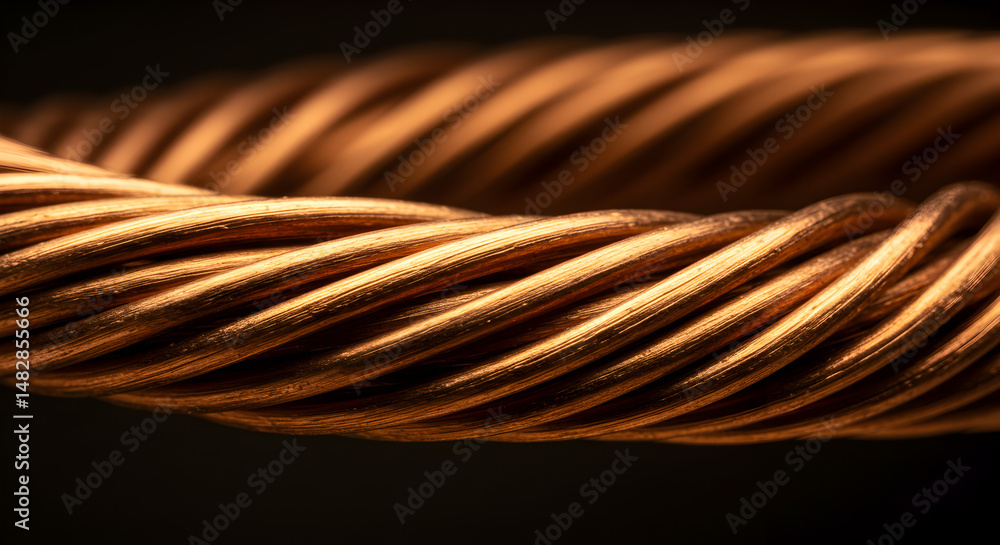 Poster macro shot of shiny copper cable with twisted strands on dark backdrop for industrial and technologi