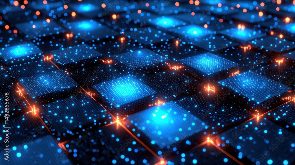 Poster glowing blue blocks connect with orange lines and dots